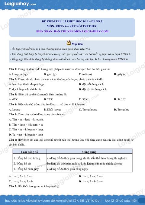 Đề kiểm tra 15 phút hk1 - đề số 5 Khoa học tự nhiên 6 có lời giải chi tiết